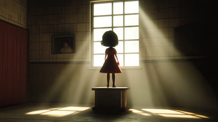 A 3D-rendered scene of a cartoon girl standing on a display stand, with a moody window casting soft light and deep shadows. The image captures a sense of solitude and introspection.の素材