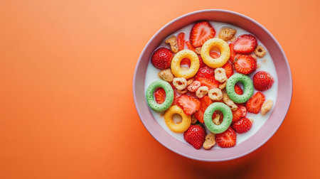 A close-up of a bowl of colorful cereal rings with milk and strawberries, placed on an orange background, capturing the fun and sweet appeal of a delicious breakfast.の素材