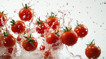 A flurry of red tomatoes in mid-splash, set against a plain white backdrop, representing the playful and energetic atmosphere of La Tomatina. Great for festive or culinary visuals.の素材