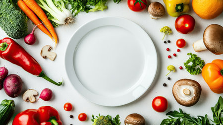 Flat lay of an empty plate encircled by fresh vegetables, fruits, and mushrooms, set against a white background, highlighting healthy eating and vegetarian lifestyle.の素材