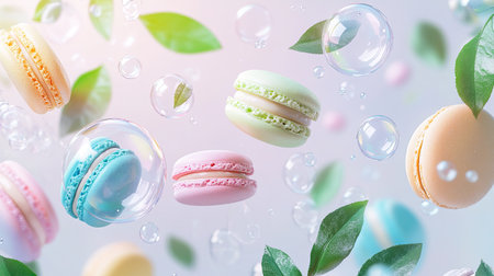 A whimsical anime-inspired scene featuring colorful macarons, floating soap bubbles, and fresh green leaves on a light background. The playful composition is perfect for a sweet and dreamy vibe.の素材
