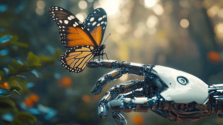 A butterfly lands on a robot's finger in a stunning 3D rendering. The robot looks on in curiosity, exploring the delicate contrast between organic and mechanical lifeの素材