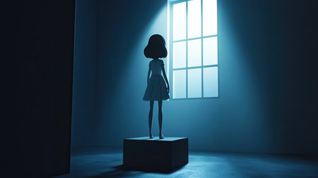 A cartoon girl stands alone on a display stand, illuminated by soft light from a moody 3D-rendered window. The atmosphere is reflective, with shadows adding depth and emotion to the scene.の素材