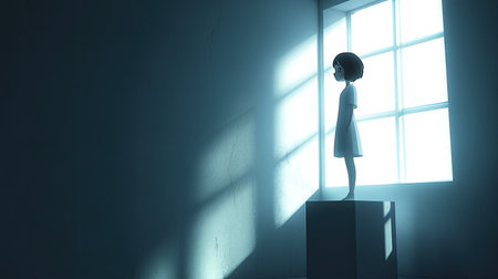 A 3D-rendered scene of a cartoon girl standing on a display stand, with a moody window casting soft light and deep shadows. The image captures a sense of solitude and introspection.の素材
