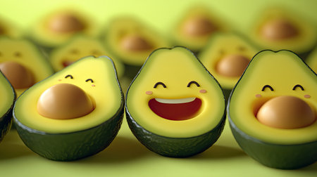 3D rendering of a cute avocado set with smiling faces, featuring halved and whole avocados in a bright, cheerful design. Perfect for food-related graphics or children's illustrations.の素材