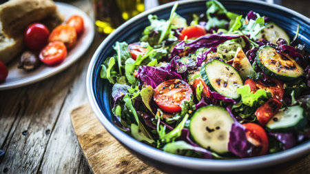 A bowl of freshly prepared salad filled with colorful vegetables, captured in a cozy, warm kitchen setting, ideal for promoting healthy, homemade dishesの素材