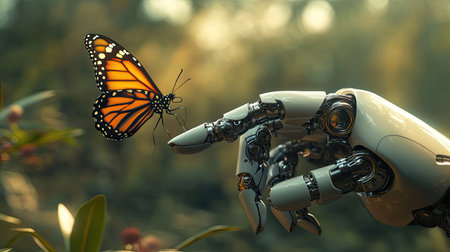 A robot holds its finger out as a butterfly lands on it, captured in a detailed 3D rendering. The scene highlights the beauty of nature juxtaposed with technology.の素材