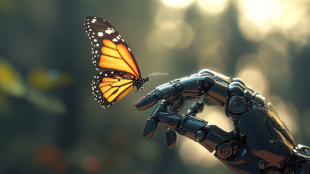A butterfly lands on a robot's finger in a stunning 3D rendering. The robot looks on in curiosity, exploring the delicate contrast between organic and mechanical lifeの素材