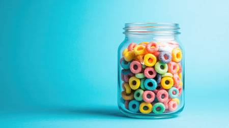 A clear jar filled with colorful sweet cereal rings, set against a vivid blue background, creating a bright and cheerful breakfast scene.の素材