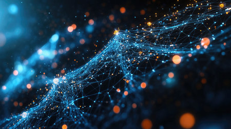 A futuristic abstract background with digital grids, glowing lines, and molecular structures. The design embodies the intersection of science, technology, and medical innovation.の素材