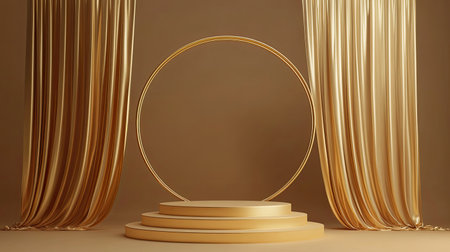 Abstract minimal concept featuring a 3D gold podium with steps, framed by a curtain on a warm brown background. A golden circle stage adds to the luxurious ambiance.の素材