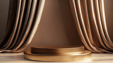 Simple yet luxurious 3D mockup of a golden podium with steps, surrounded by a curtain on a brown backdrop. The clean design and minimal elements create a refined,の素材