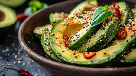 A close-up of a freshly prepared avocado salad, topped with chili flakes and sesame seeds, served in a rustic setting, ideal for health and wellness themes.の素材