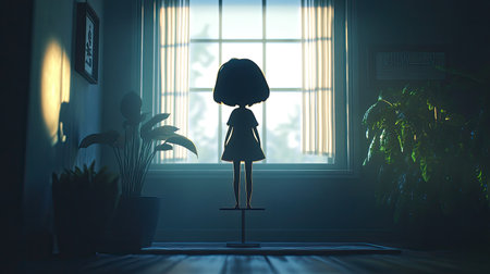 A solitary cartoon girl on a display stand, set against a 3D moody window. The scene is bathed in soft, melancholic light, evoking feelings of solitude and introspection.の素材
