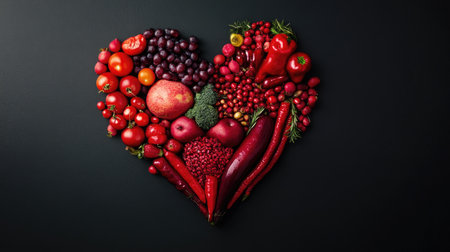 A vivid display of red fruits and vegetables forming a heart, set against a sleek black background. The composition is perfect for healthy lifestyle promotions and advertisingの素材