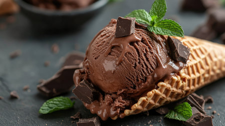 A close-up of a chocolate ice cream scoop in a waffle cone, adorned with chocolate chunks and fresh mint leaves. The scene is mouthwatering and visually appealing.の素材