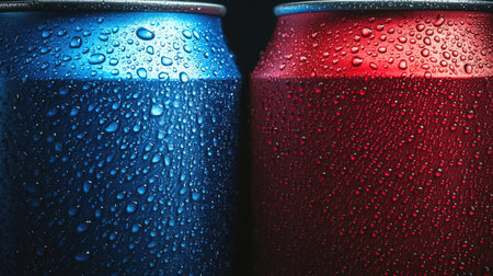 A striking image of red and blue soda cans, highlighted by condensation droplets. The harmony between the two cans creates a refreshing visual, perfect for soda market advertisingの素材