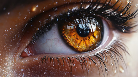 Detailed close-up of a warm brown eye with long eyelashes, enhanced by delicate water droplets that add a touch of charm and uniqueness.の素材