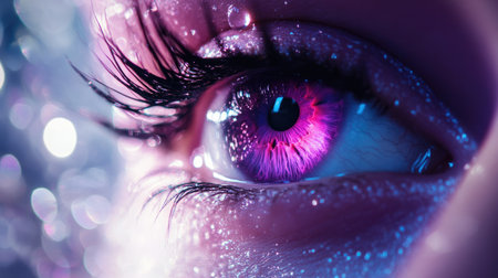 Close-up of a captivating eye with long eyelashes and a magenta iris, adorned with delicate water droplets, creating a unique and enchanting visual effectの素材