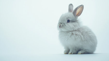 A fluffy bunny sitting quietly on a white background, with room for copy or promotional text.の素材
