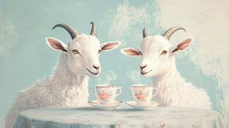 A cozy breakfast scene featuring two white goats sitting at a table, drinking tea from charming tea pairs.の素材