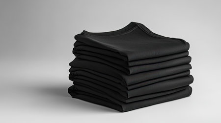 A mockup image featuring a stack of folded square t-shirts in classic black and white, set against a simple background. The arrangement is ideal for showcasing fashion products or online store displays.の素材