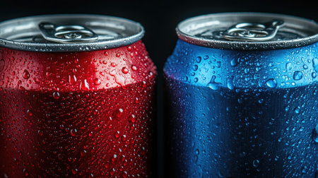 Two soda cans, one red and one blue, with condensation droplets emphasizing their coolness. The image is perfect for showcasing the refreshing appeal of soda in a market competition settingの素材