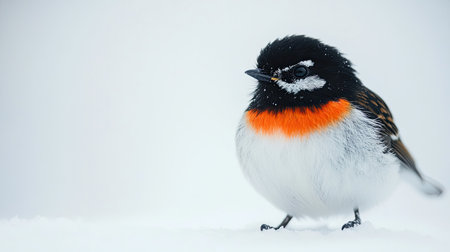 A small bird with bright feathers standing on a white background, with space for text or branding.の素材