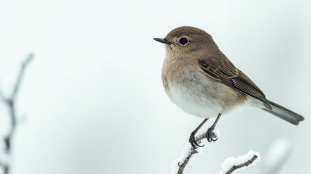 A small bird perched delicately on a white background, with plenty of copy space around for promotional text.の素材