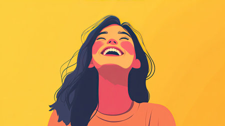 A bright and cheerful flat vector illustration of a woman laughing, her expression happy and carefree, ideal for a positive, uplifting design.の素材