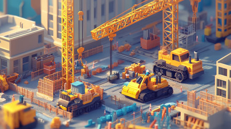 A detailed isometric anime-style construction site, rendered in low poly, with towering cranes, realistic bulldozers,の素材