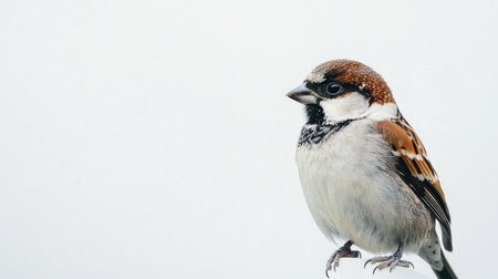 A small bird perched on a white background, with room for text or branding around it.の素材