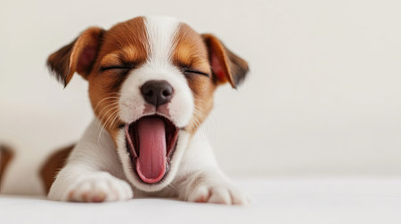 A sleepy puppy yawning on a white background, creating a cozy and endearing scene with space for text.の素材