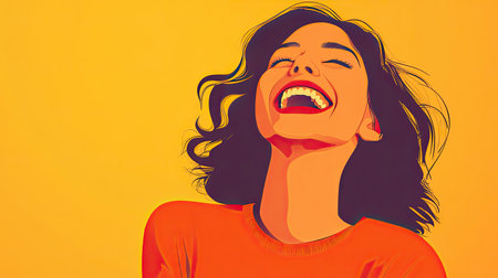 A bright and cheerful flat vector illustration of a woman laughing, her expression happy and carefree, ideal for a positive, uplifting design.の素材