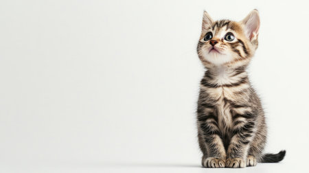 A playful kitten sitting on a white background, looking up with curiosity. The image has ample copy space for text or brandingの素材