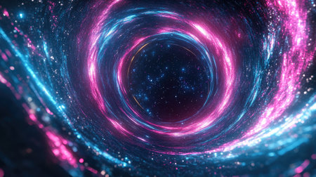 A 3D render of an abstract cosmic background with a swirling galaxy, featuring pink and blue neon lines spiraling around a black hole.の素材