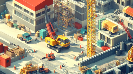 A construction site rendered in isometric anime style with low poly design, showcasing cranes, bulldozers,の素材
