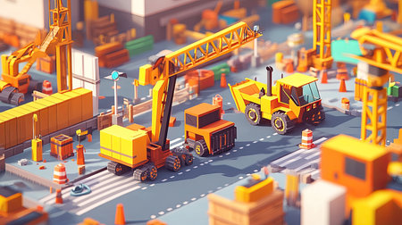 An isometric low poly construction site in anime style, featuring detailed cranes and bulldozers, with vibrant colors and a unique,の素材