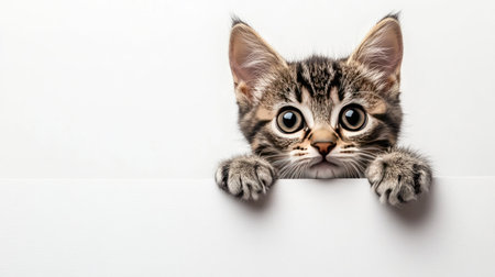 A curious kitten with one paw raised on a white background, perfect for adding text or promotional messages.の素材