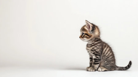 A small, fluffy kitten sitting with its tail curled around its body on a white background, with copy space availableの素材