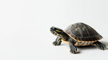 A small turtle crawling on a white background, with lots of copy space available for text or brandingの素材