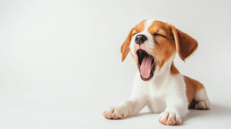 A sleepy puppy yawning on a white background, creating a cozy and endearing scene with space for text.の素材