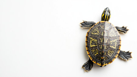 A small turtle crawling on a white background, with lots of copy space available for text or brandingの素材