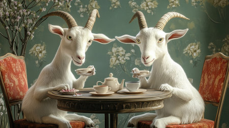 Two white goats sit at a table, enjoying tea from delicate tea pairs in a cozy, staged setting.の素材