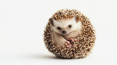A tiny hedgehog curled up in a ball on a white background, with copy space available for text.の素材