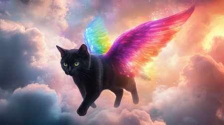 A black cat with radiant rainbow wings walking among billowy clouds, ascending towards a heavenly light.の素材