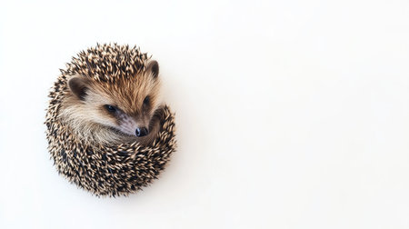 A tiny hedgehog curled up in a ball on a white background, with copy space available for text.の素材