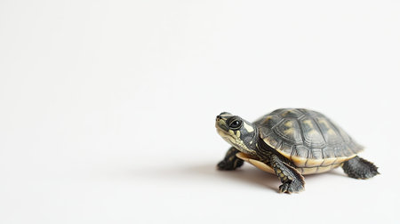 A tiny turtle with its head poking out on a white background, with ample space for text or brandingの素材