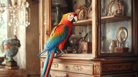 A lively parrot perched among antique treasures in a vintage-styled curio cabinet,の素材