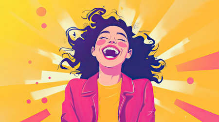 A fun and colorful flat vector style illustration of a woman laughing heartily, her expression full of joy and her pose dynamic.の素材